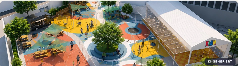 Visualisierung der Gesamtanlage von inKlusIAN aus der Vogelperspektive mit Spielpark und Halle